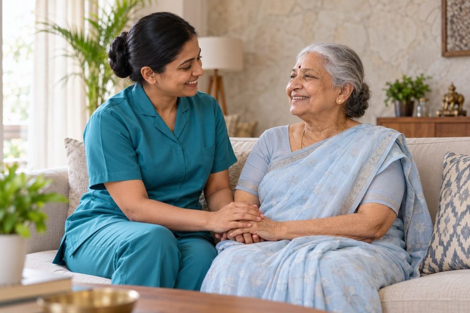 Illustrative image of an Indian home caregiver sharing a warm moment with an elderly woman